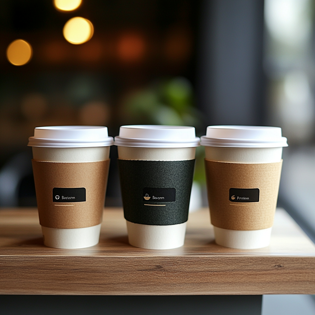 Basic, Standard, and Premium coffee cups on display.