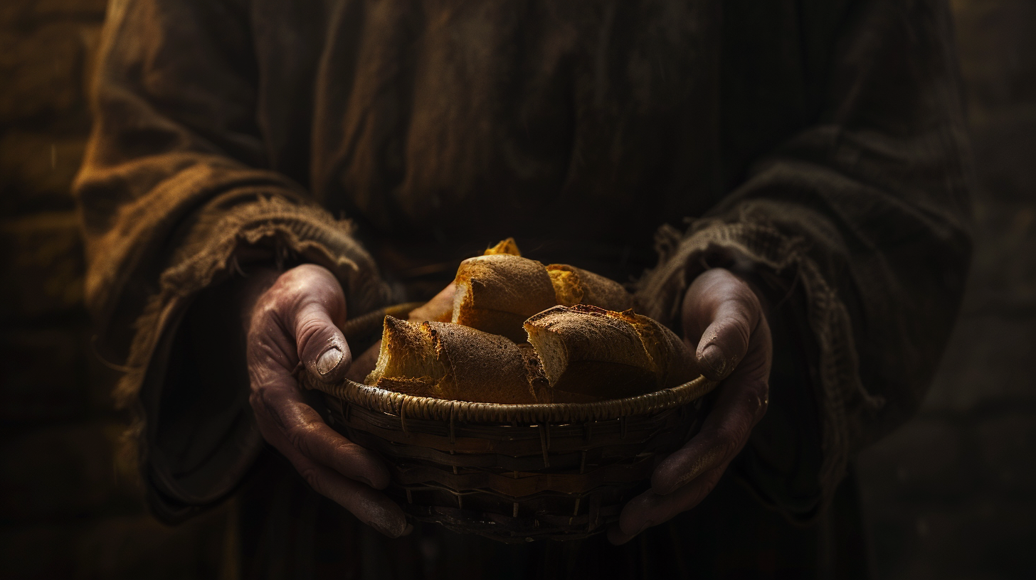 Basket with Bread and Fish hands cinematic lighting