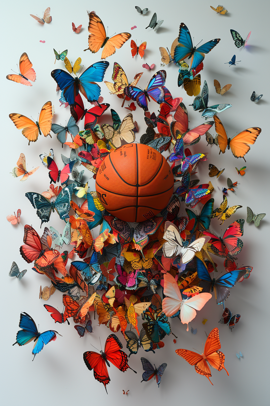 Basketball Exploding into Colorful Butterflies Artistic Transformation Concept