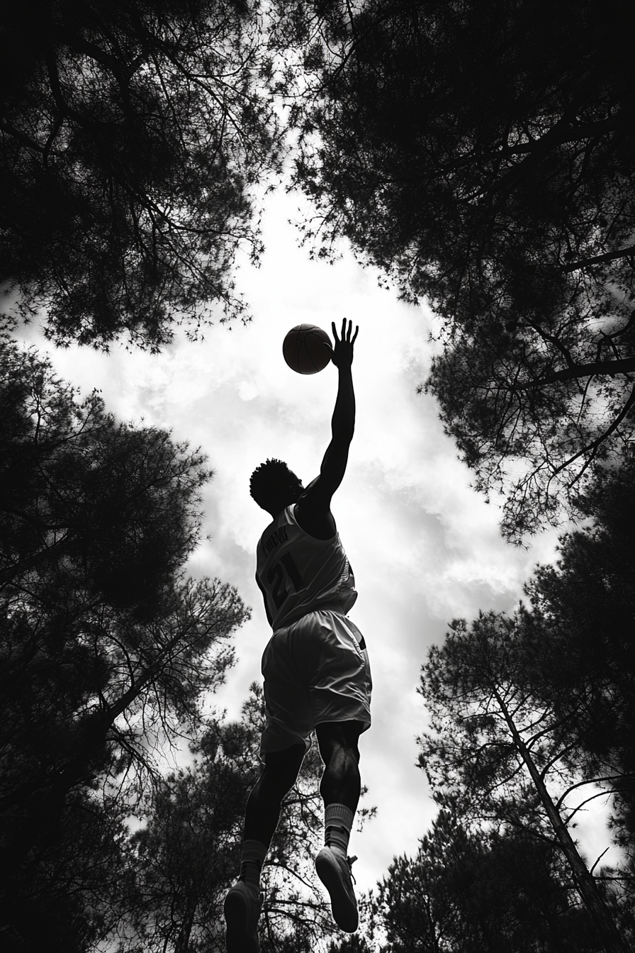 Basketball Player Mid-Jump Shot Amidst Tall Trees