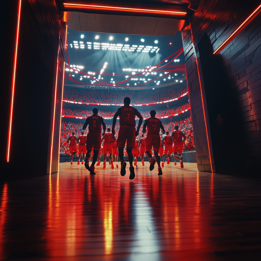 Basketball Players Entering Vibrant Red-Black Arena