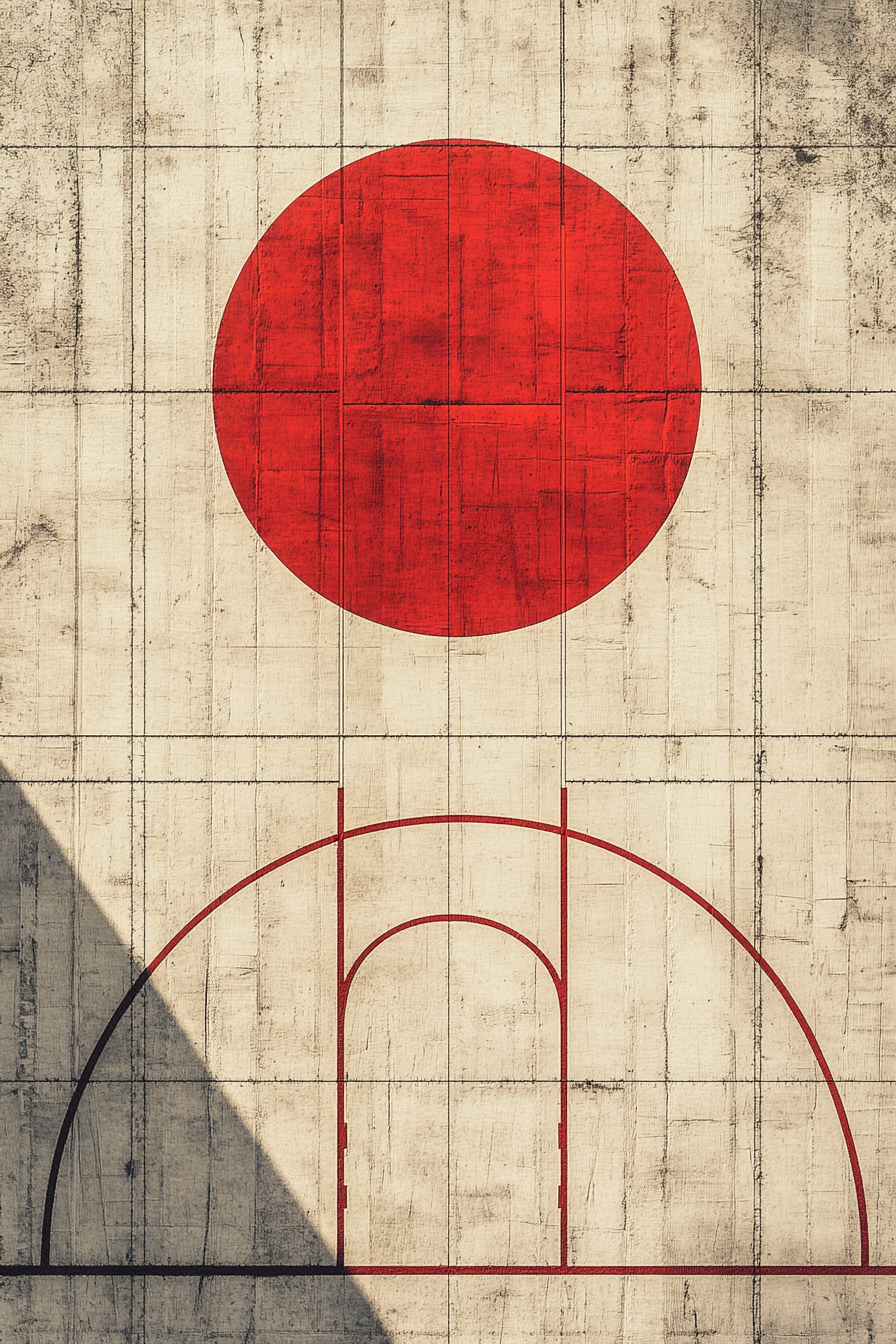 Basketball court designed as full Japanese flag aesthetics.