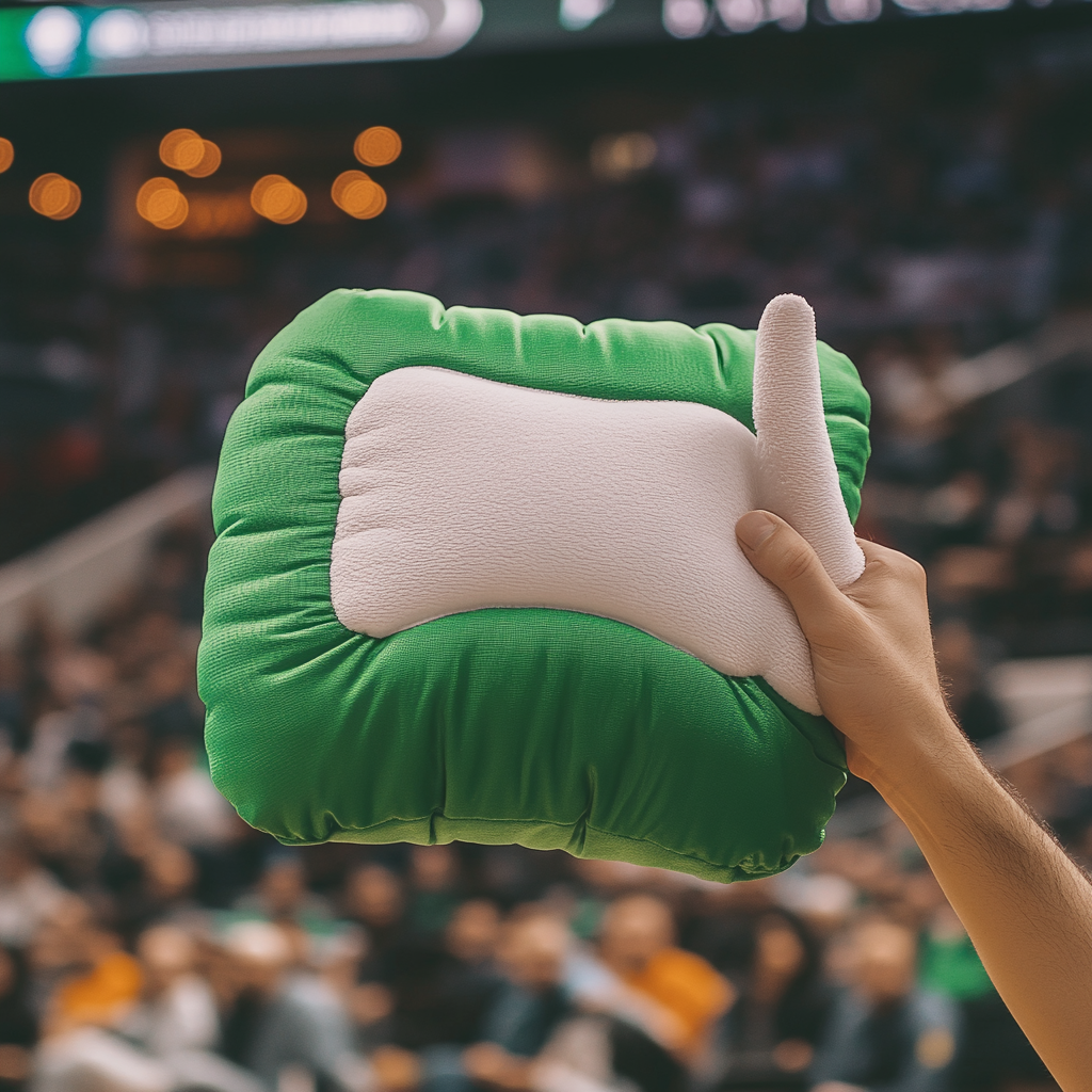 Basketball fan holding cushion glove at arena game.