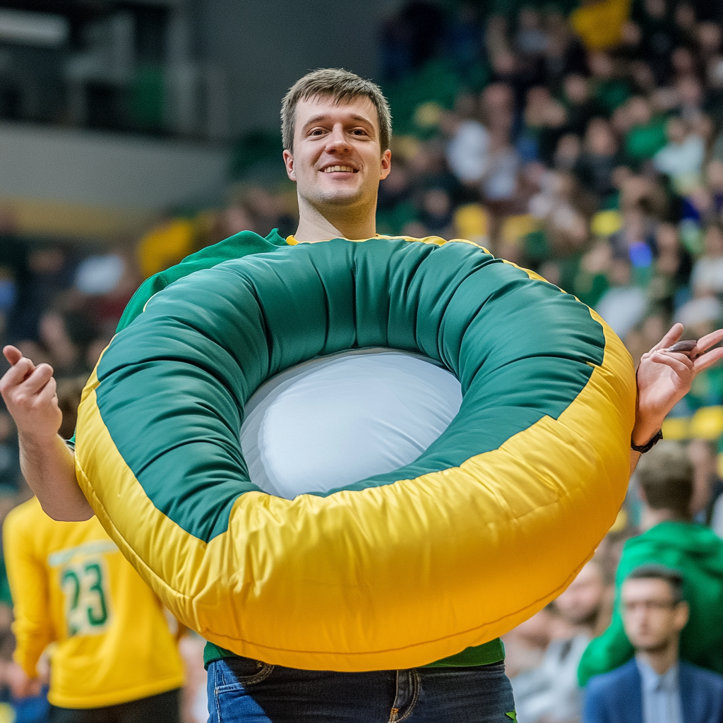 Basketball fan in arena holding cushion glove.