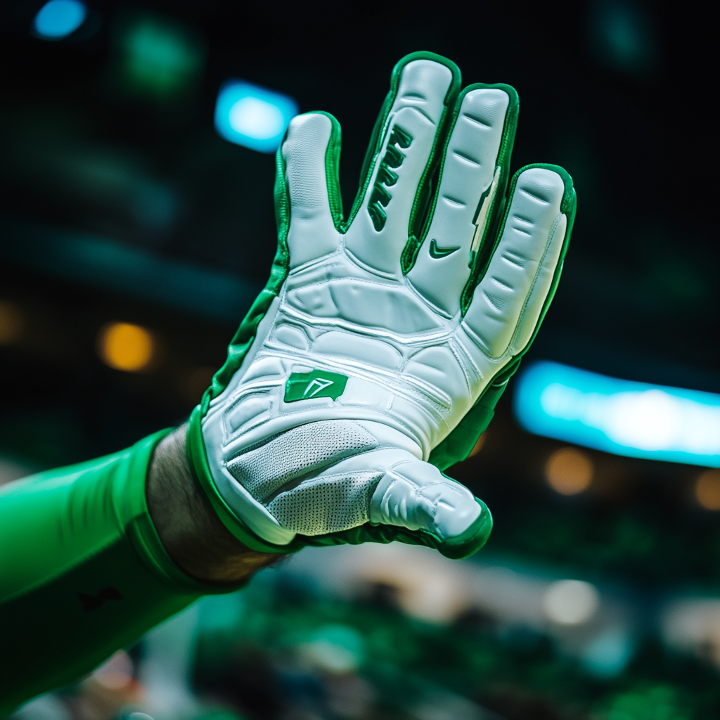 Basketball fan with big white and green glove.