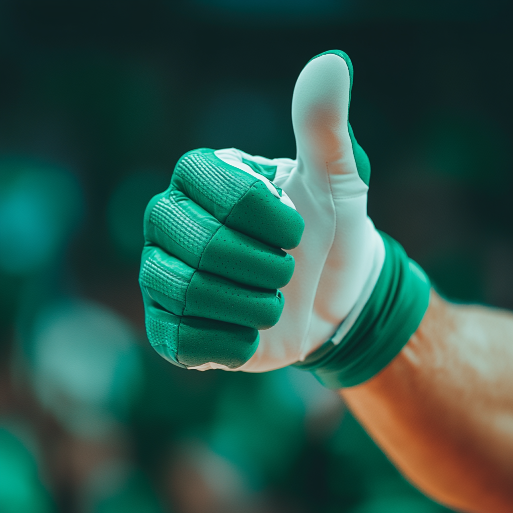 Basketball fan with giant finger gun in arena.