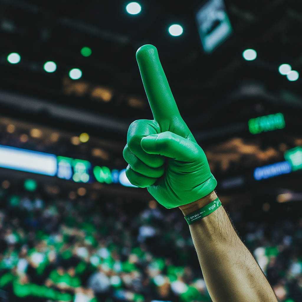 Basketball game, fan with giant foam finger mockup.