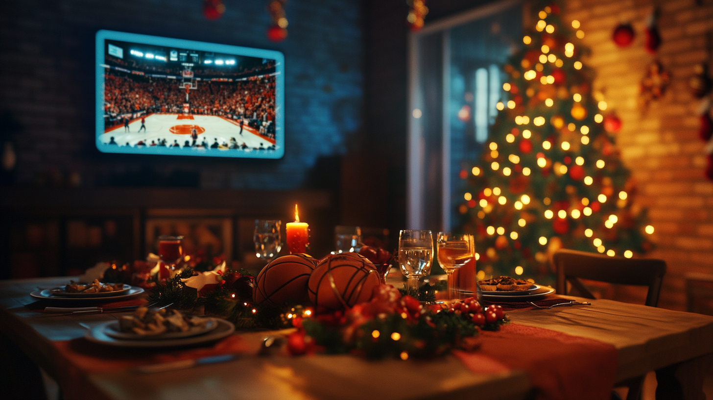 Basketball game on TV at festive dinner party scene.