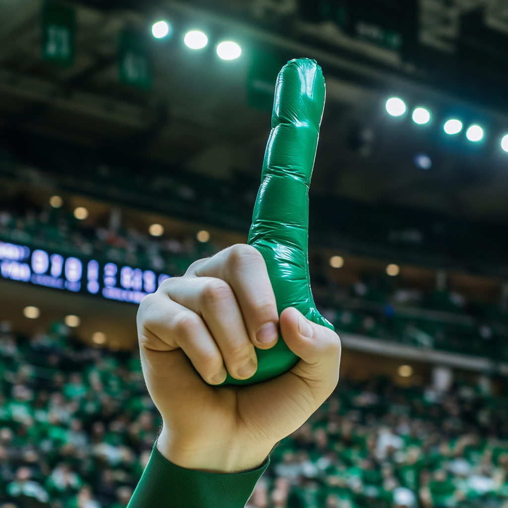 Basketball game with foam finger, high-resolution Canon shot.