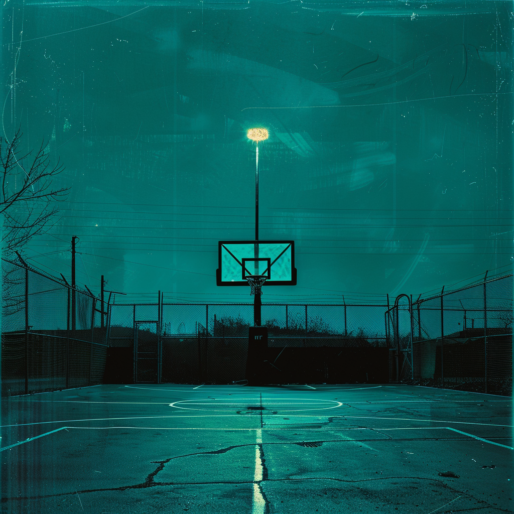 Basketball lines under teal night sky with motif