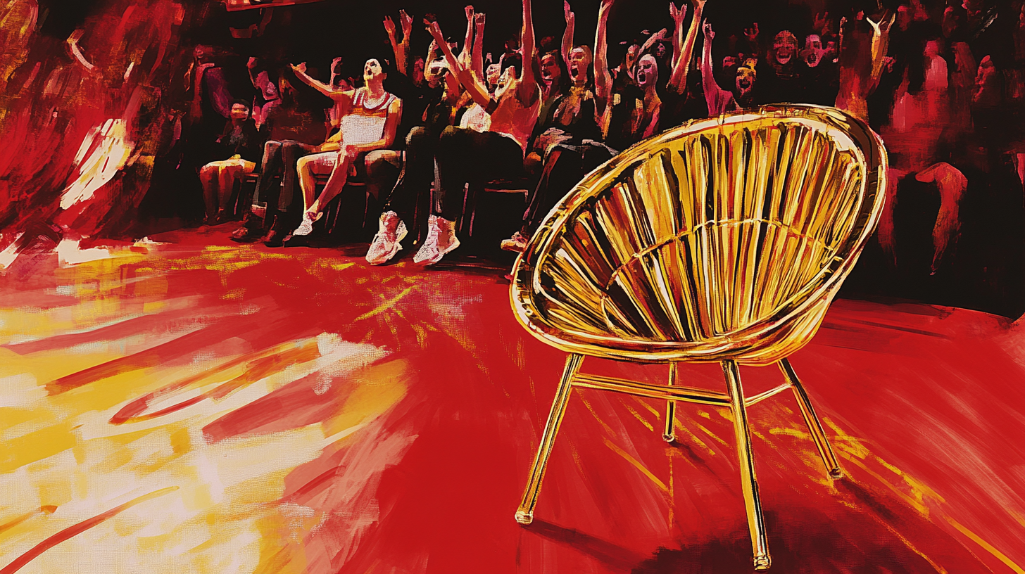 Basketball match with fans cheering, gold chair nearby