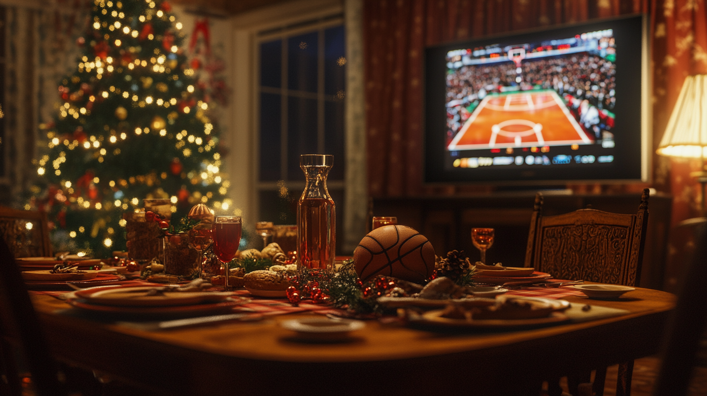 Basketball-themed festive dinner party with nostalgic cinematic vibe.