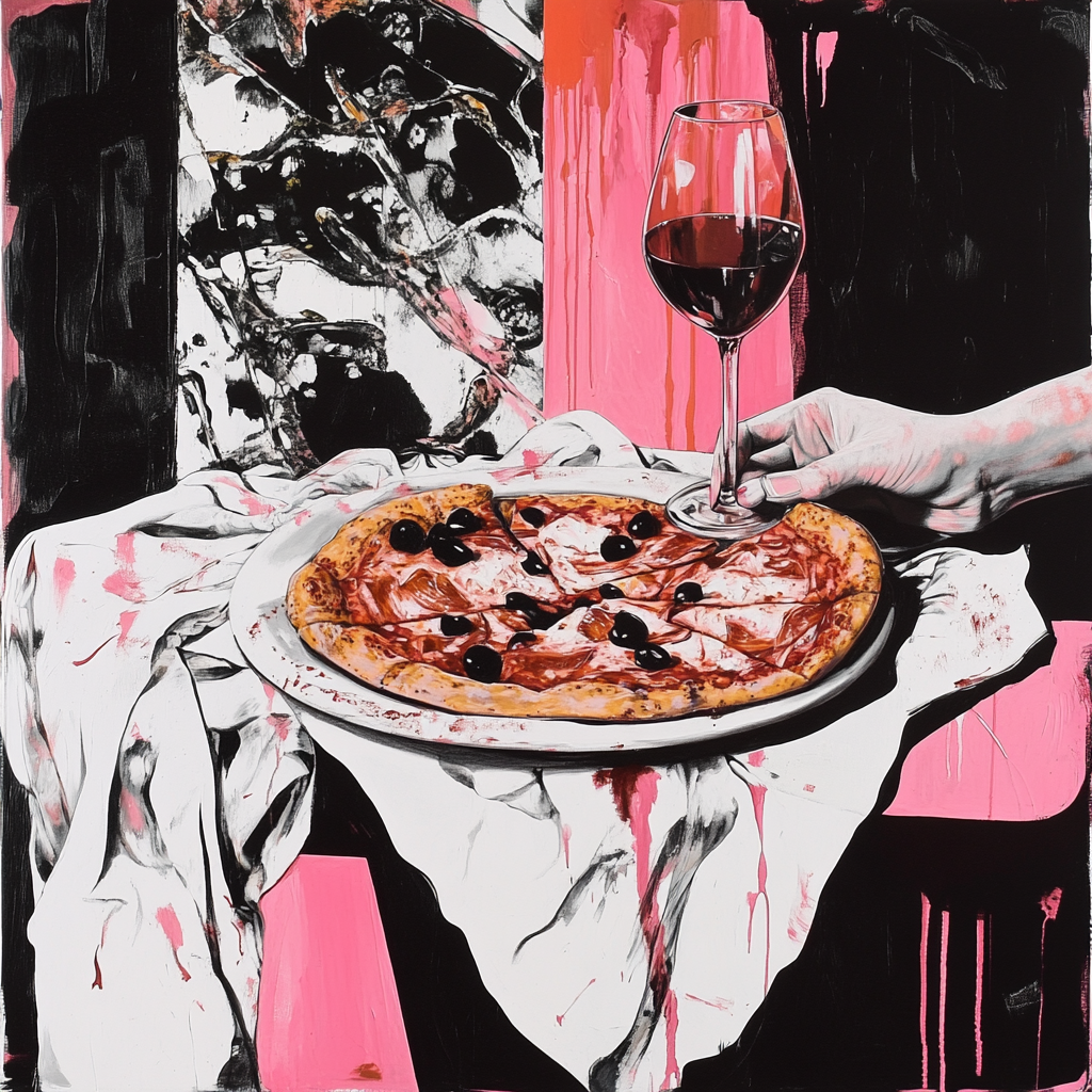 Basquiat style painting of table with draped cloth, pizza