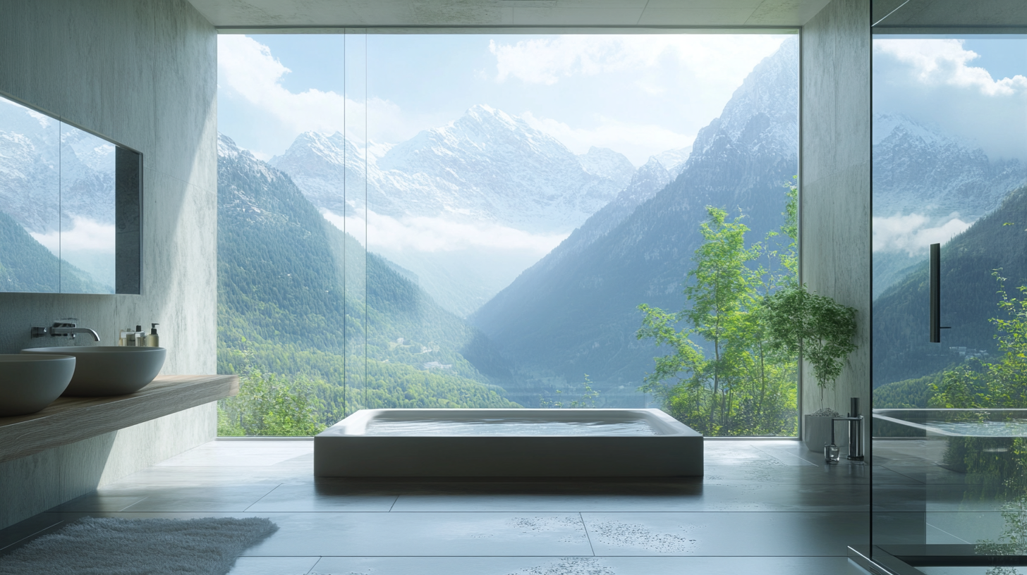 Bathroom view: mountains through modern glass window.