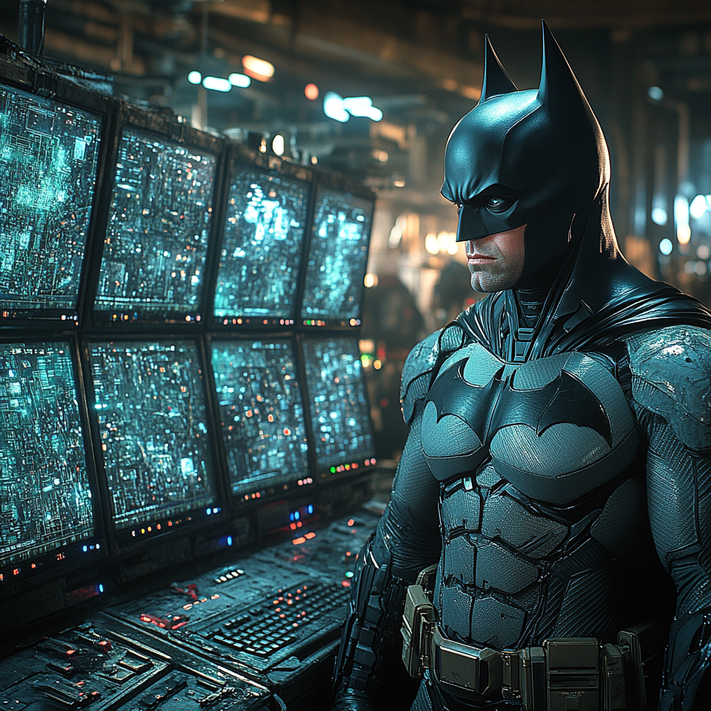 Batman analyzing Gotham chaos on Batcomputer with new suit.