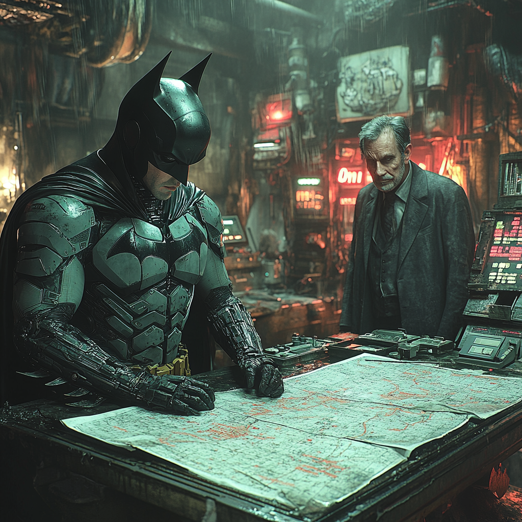 Batman and Alfred plan in dim hideout with gadgets.