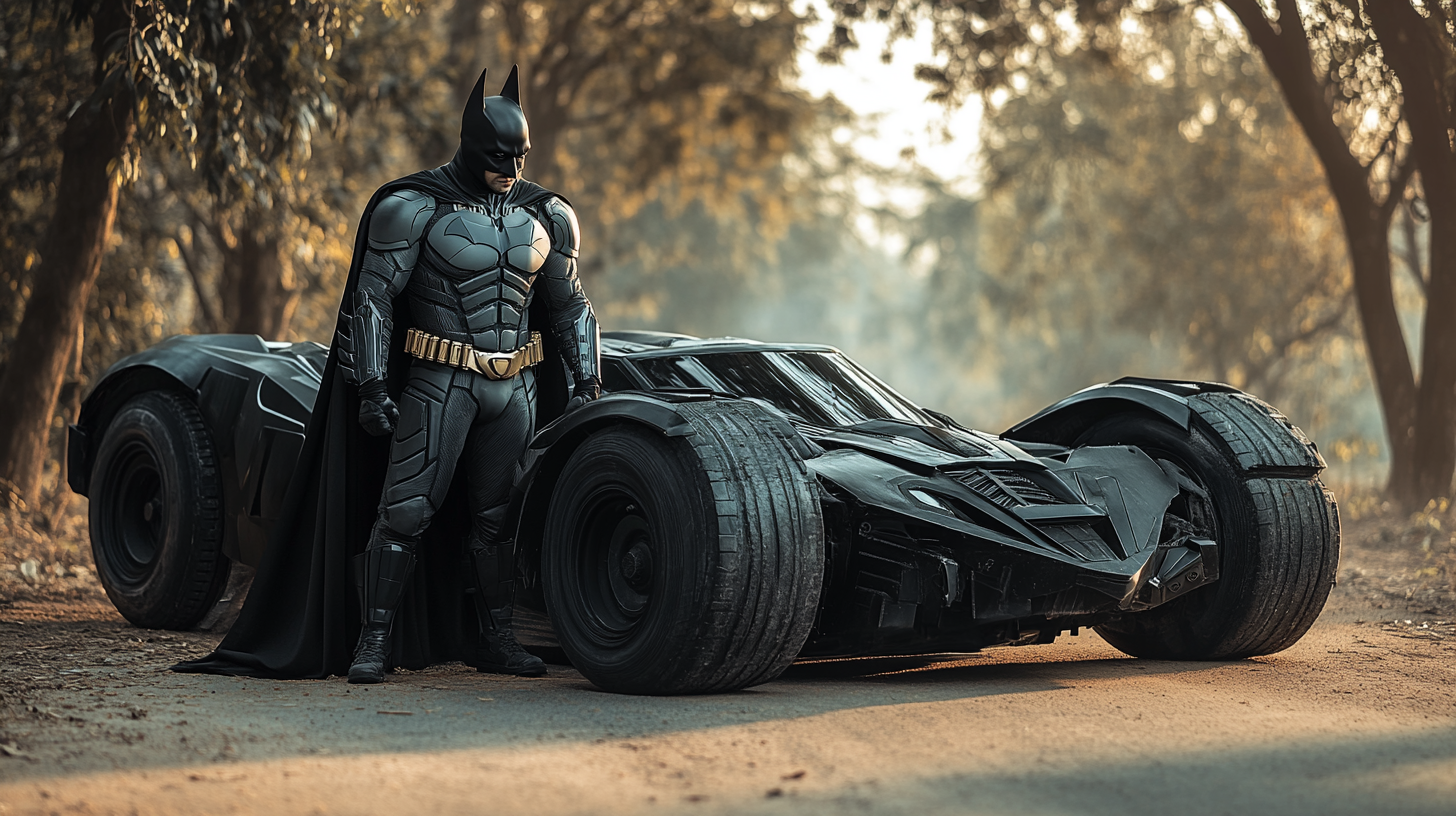 Batman and Batmobile on Indian road