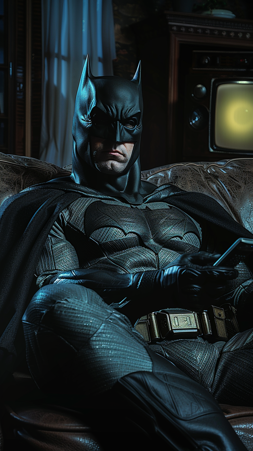 Batman lounging on sofa with TV remote in dim room