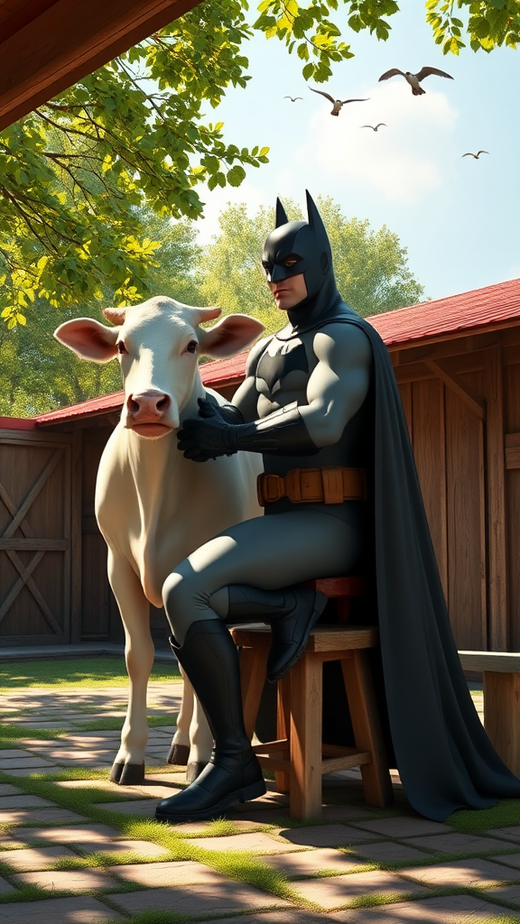 Batman milks a cow on a sunny day.