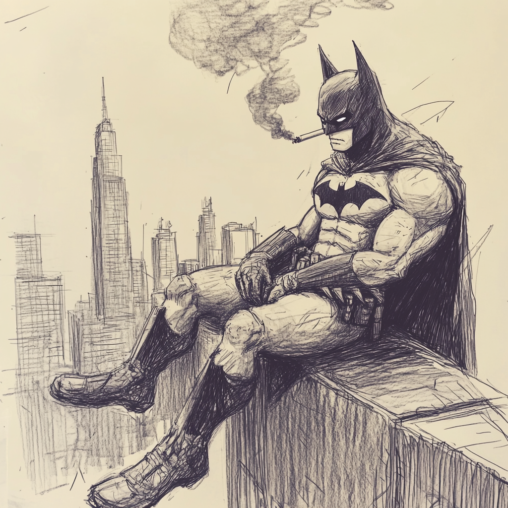 Batman sits on ledge overlooking skyline, tired, smoking.