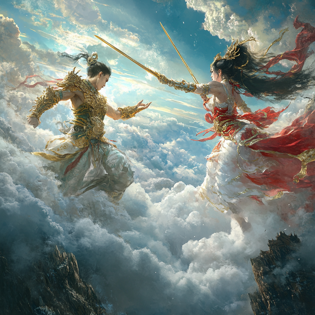 Battle between female Chinese gods in majestic cloud arena.