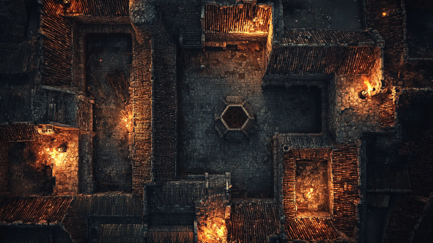 Battle map displaying castle rooftops at night with torches.