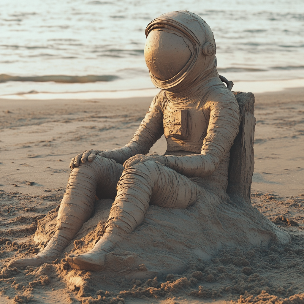 Beach Sand Astronaut Woman: Kilmt-Inspired Sculpture at Dawn