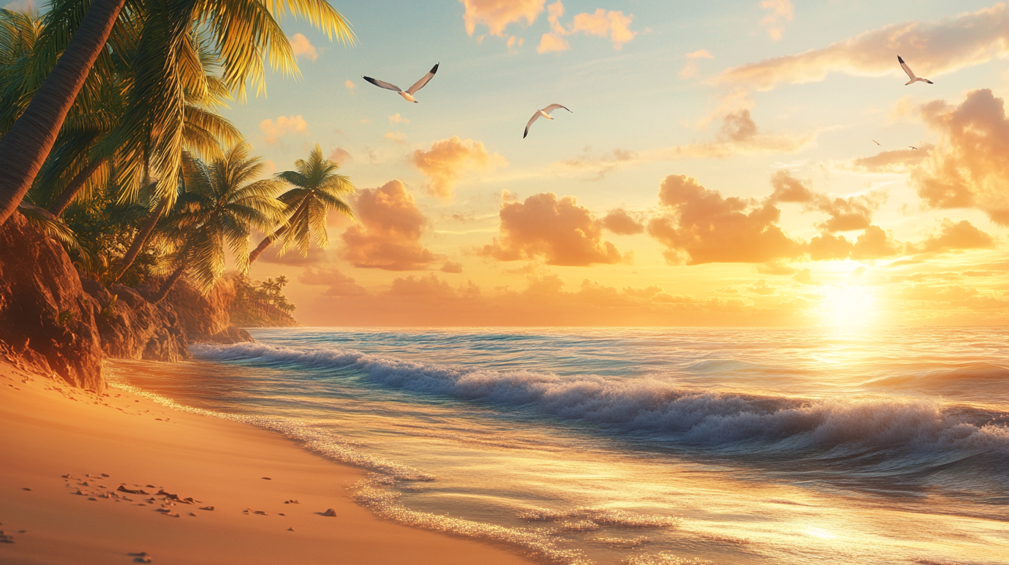 Beach at sunset with golden sand and seagulls.