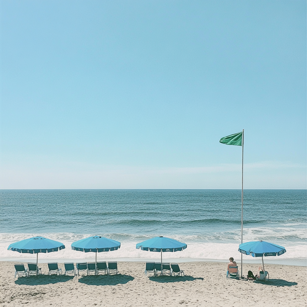 Beach in Long Island, NY with blue umbrellas, chairs.