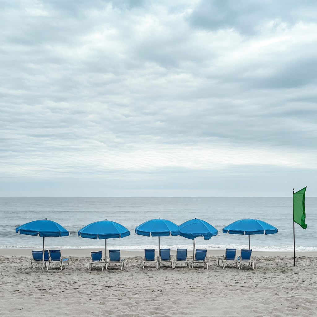 Beach scene in Long Island with umbrellas and chairs.