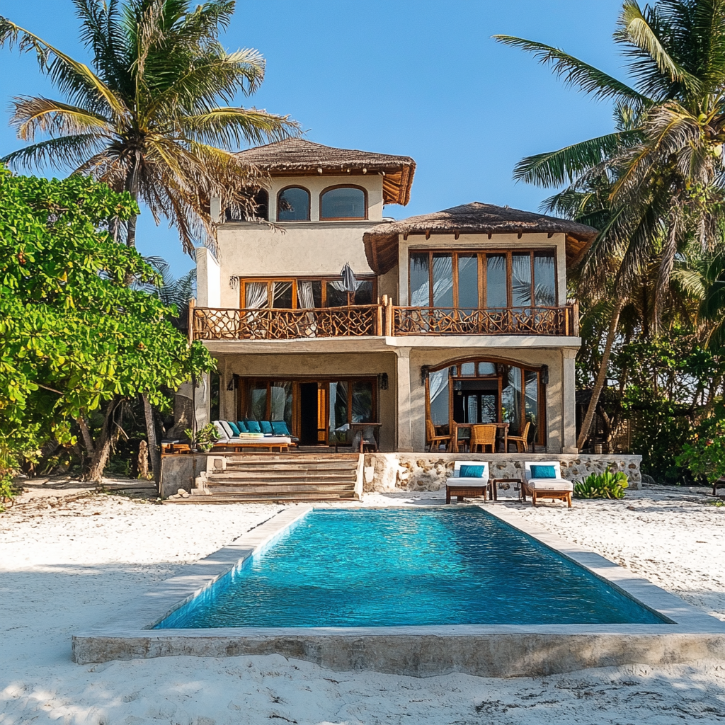 Beachfront villa in Zanzibar, Balinese and Mediterranean style.