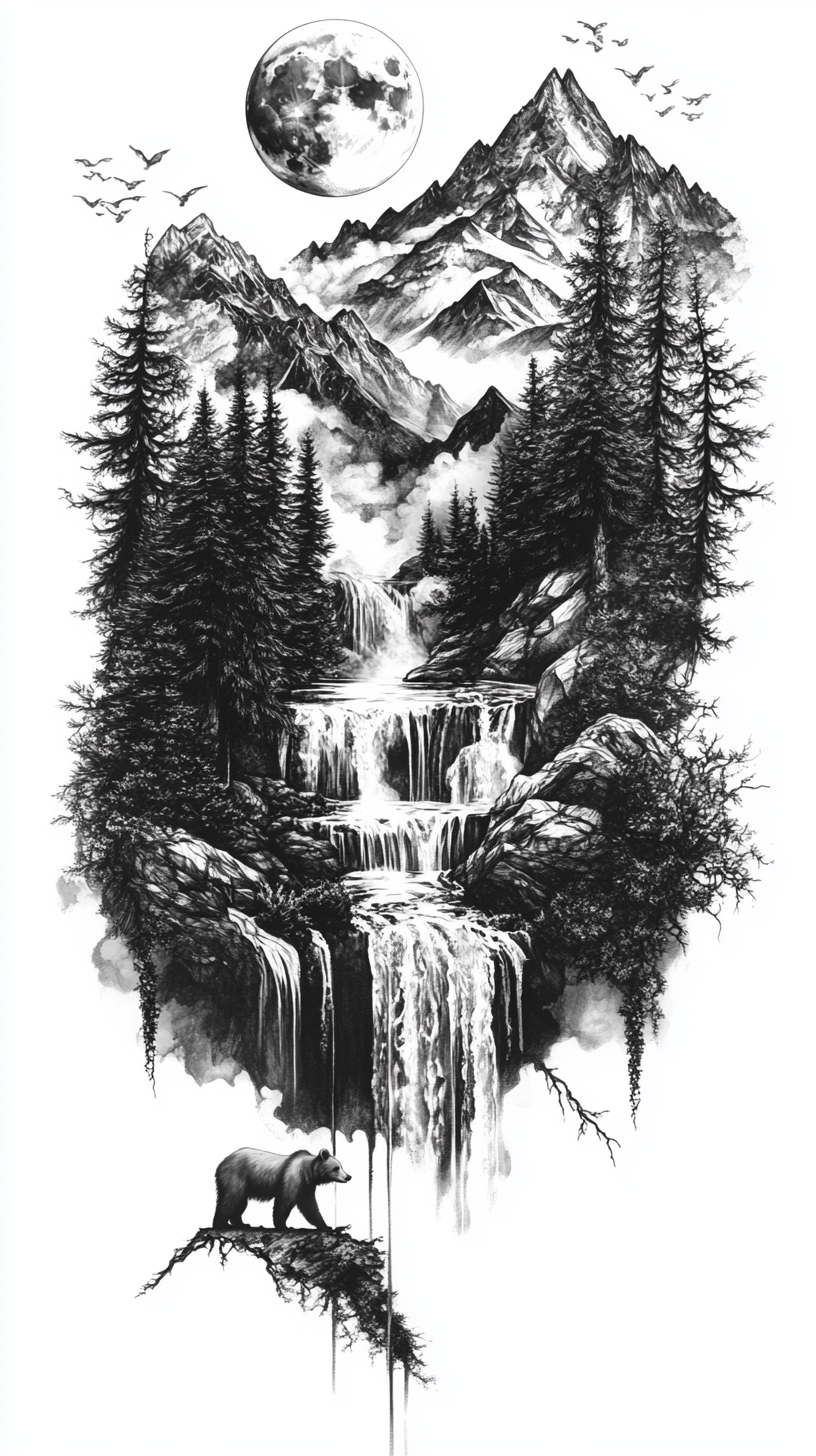 Tattoo Design of a Bear by waterfall among trees and mountains