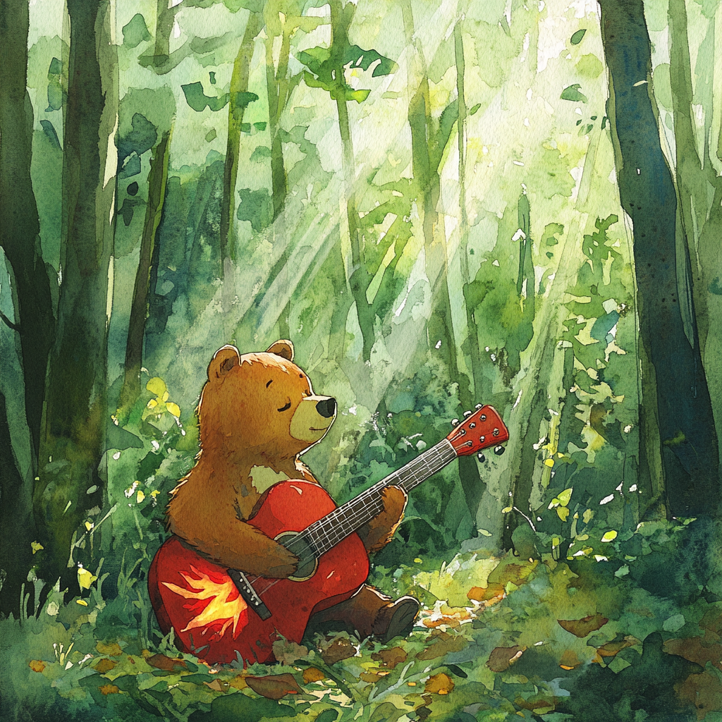 Bear finds guitar in enchanted forest painting