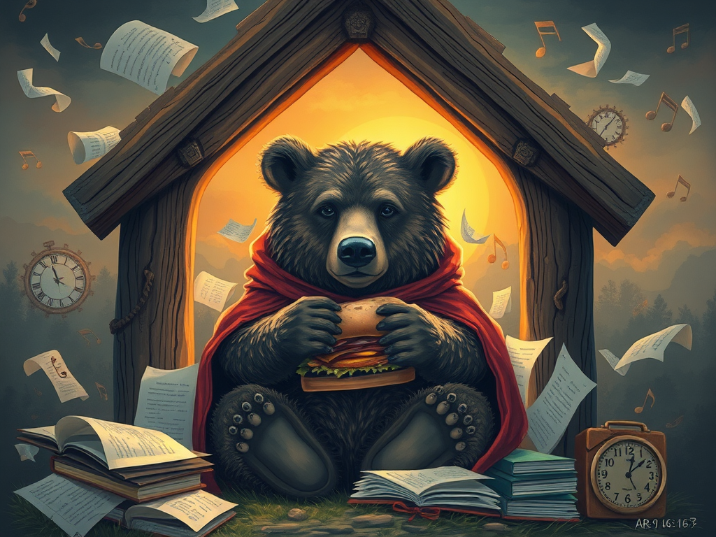 Bear in red cape eats sandwich in cozy doghouse.