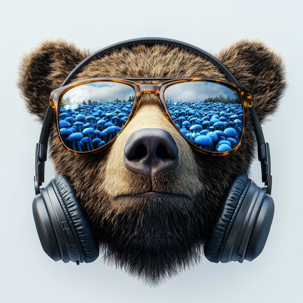 Bear wears rayban sunglasses with reflection of blue mushrooms.