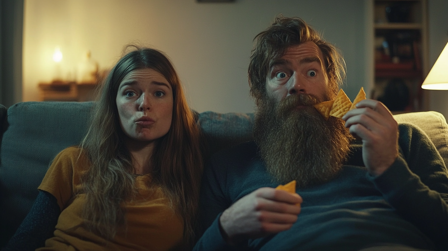 Bearded Couple Snacking on Sofa in Cinematic Style