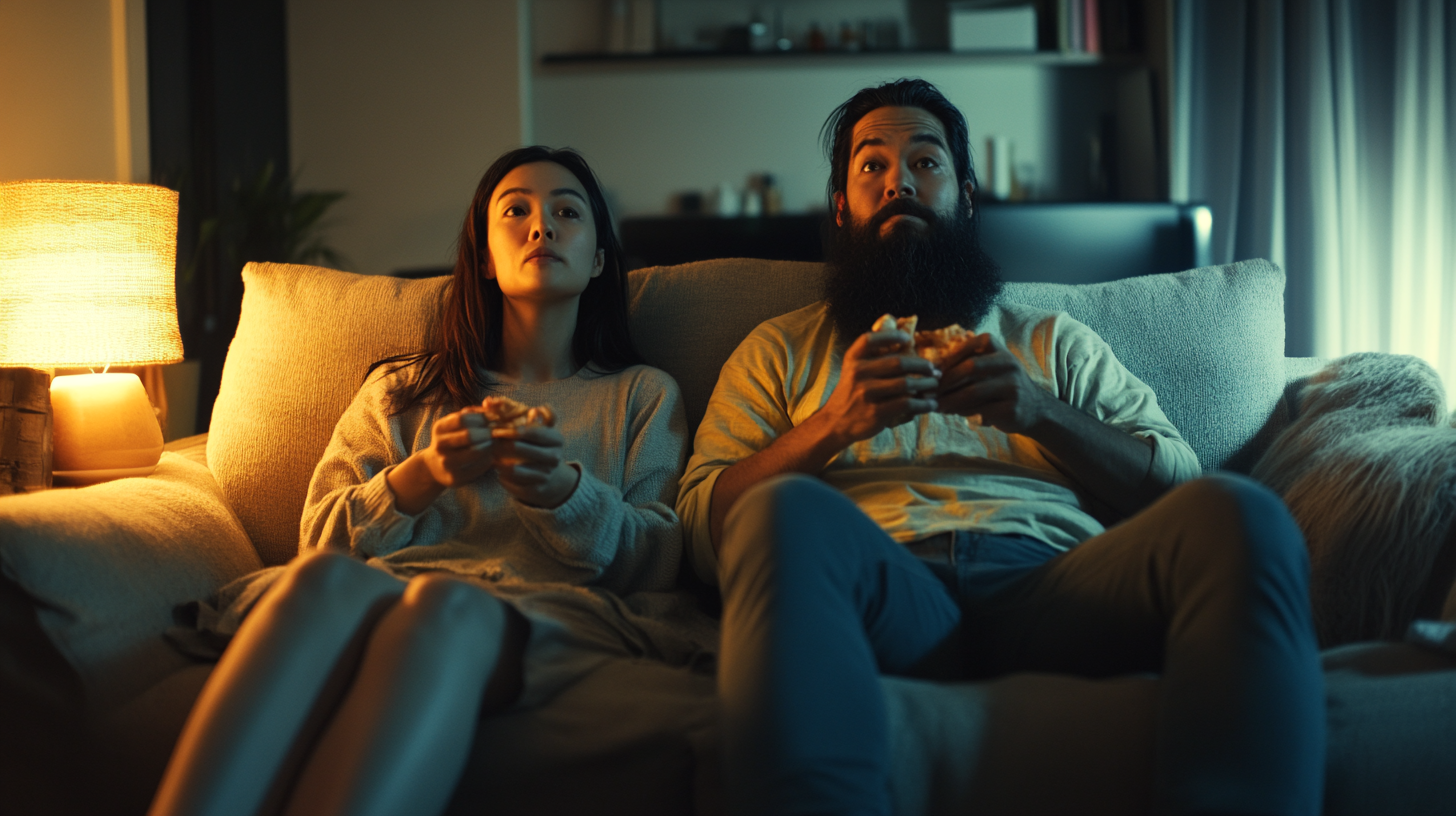 Bearded couple enjoying snacks in cinematic 4K