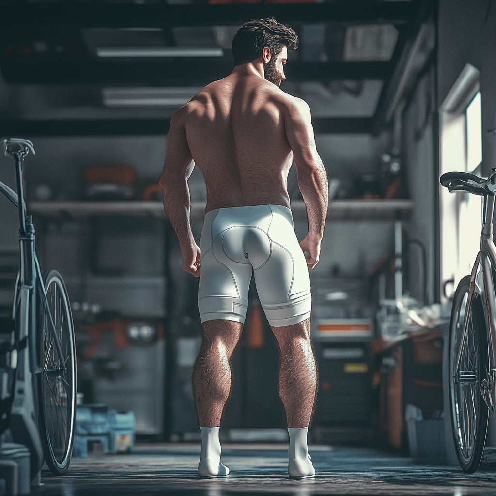 Bearded man in cyclist bibshort walking in garage.