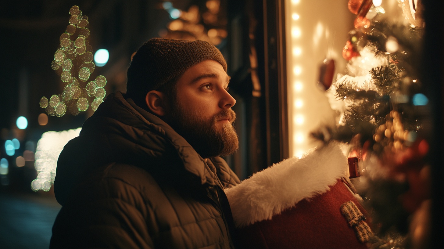 Bearded man looks at Santa's sack outside shop, cinematic.