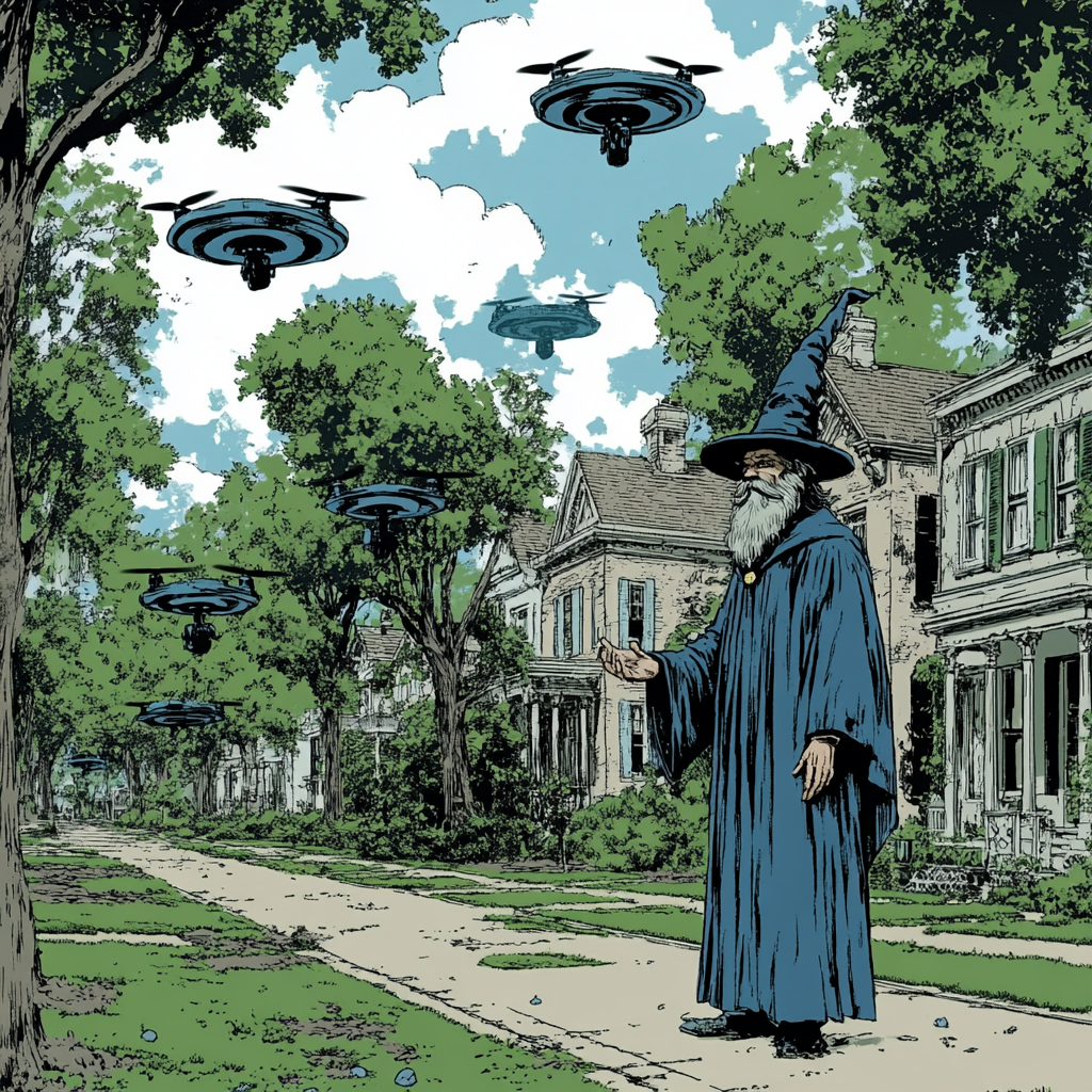 Bearded wizard triumphs as drones mow lawn.