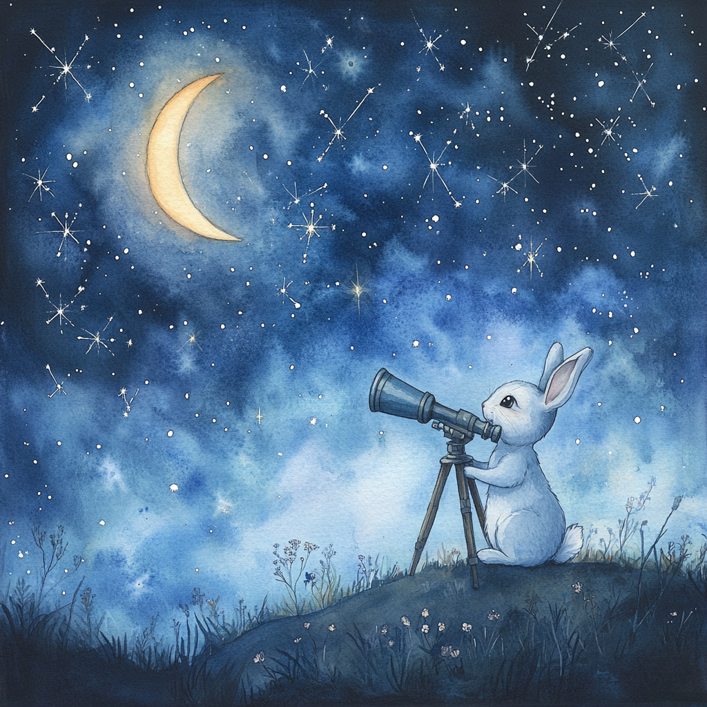 Beatrix Potter-inspired bunny gazes at stars with telescope.