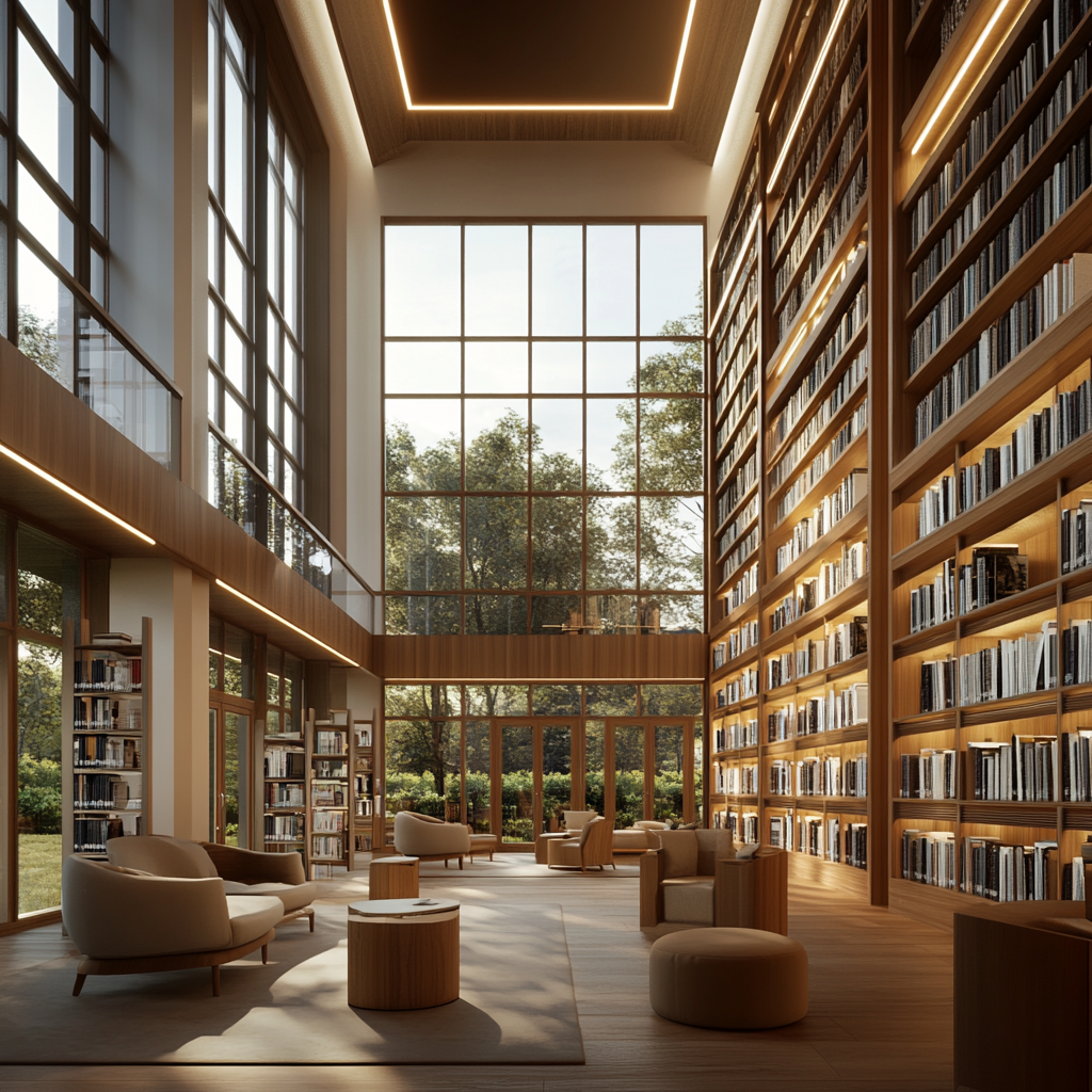 Beautiful, modern library with English books and cozy spaces.