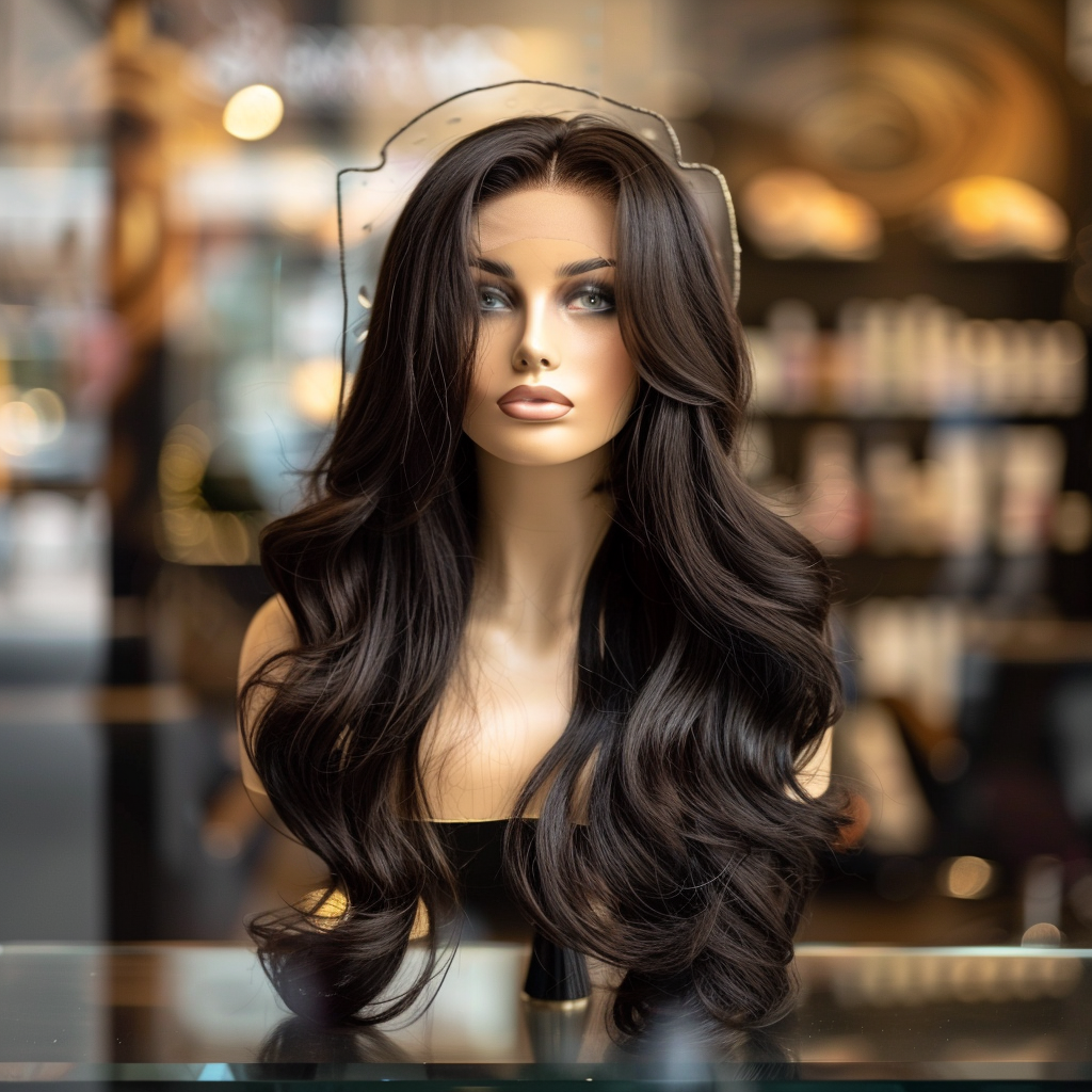 Beautiful 30-inch body wave lace front wig display.