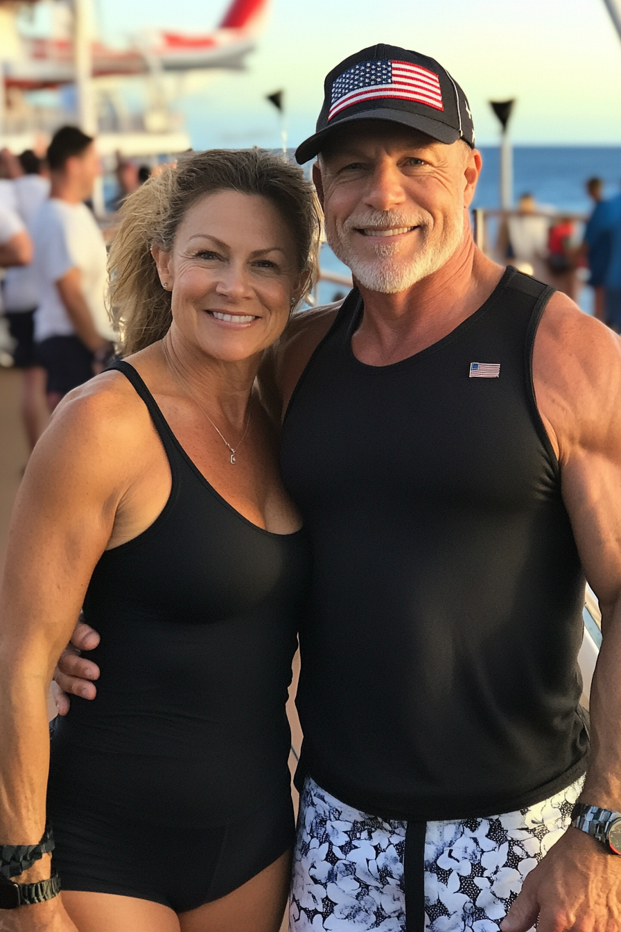 Beautiful 55-year-old couple on cruise ship deck