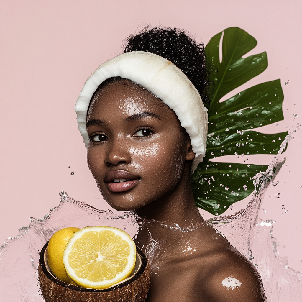 Beautiful African model washing with water and fruit