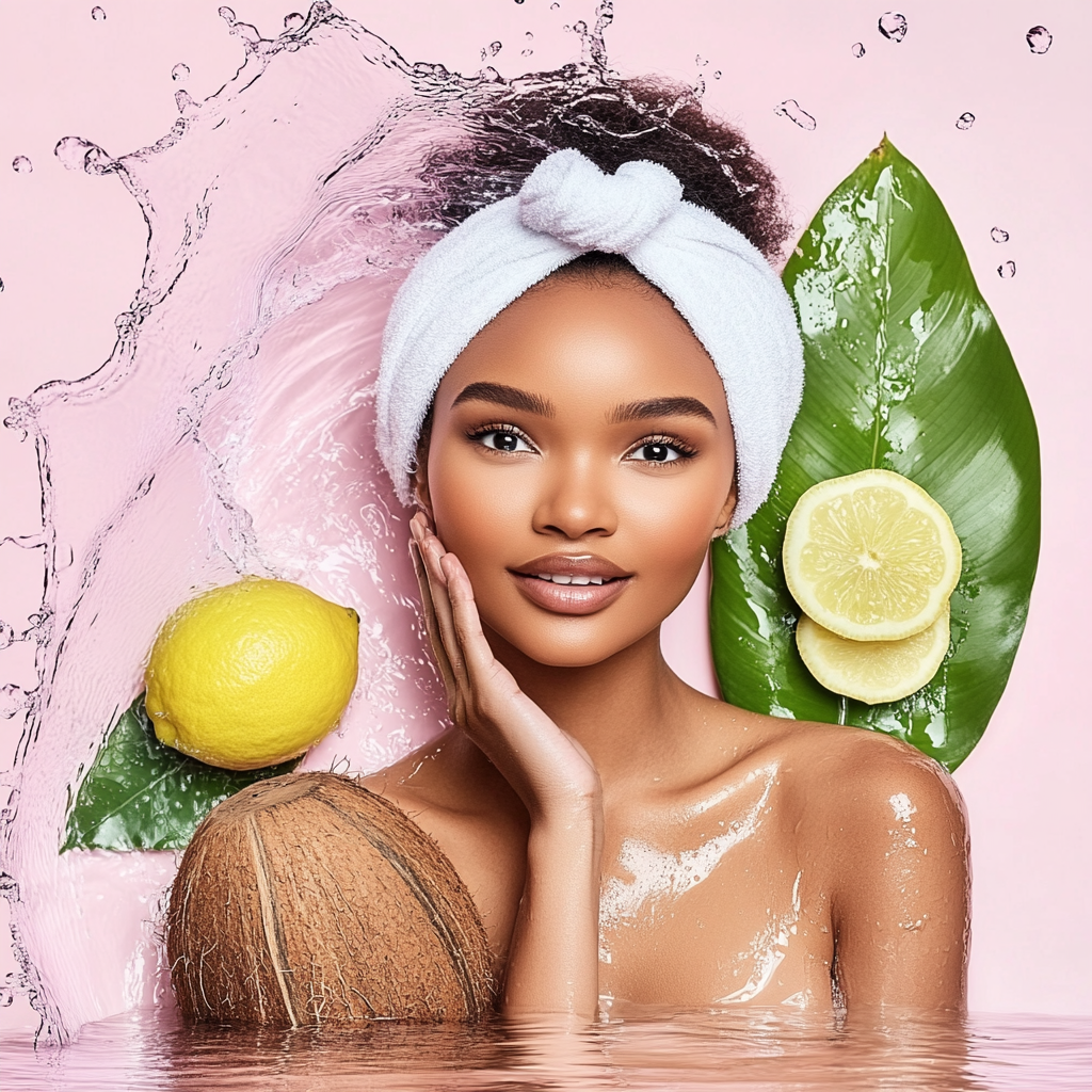 Beautiful African woman with coconut and lemon props