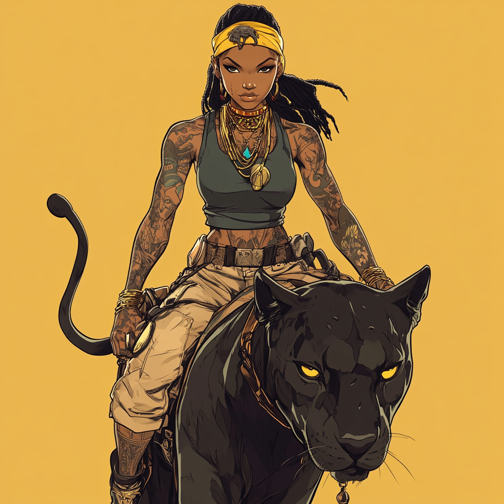 Beautiful African woman with tattoos riding black panther