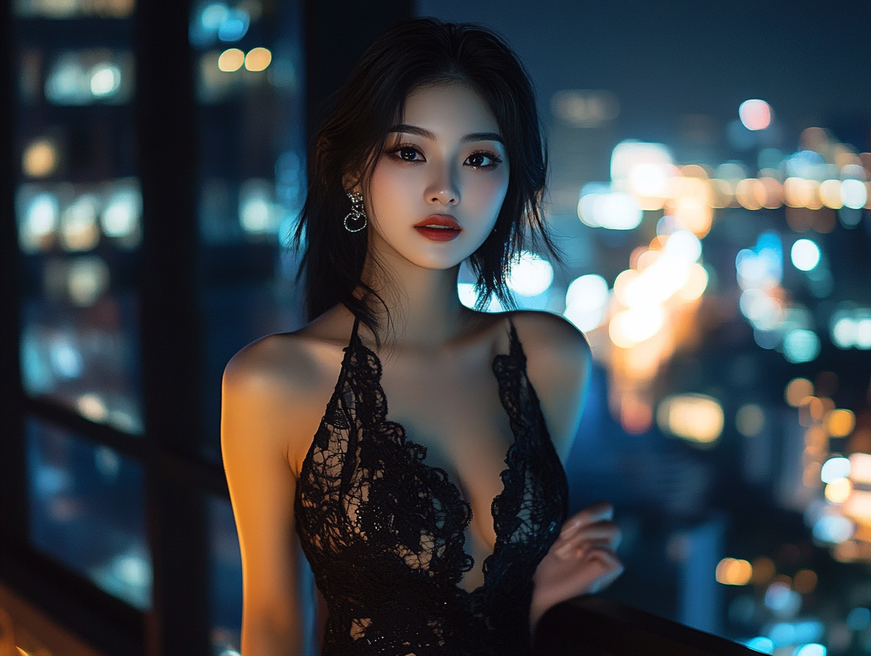 Beautiful Asian girl in cocktail dress at sky bar.