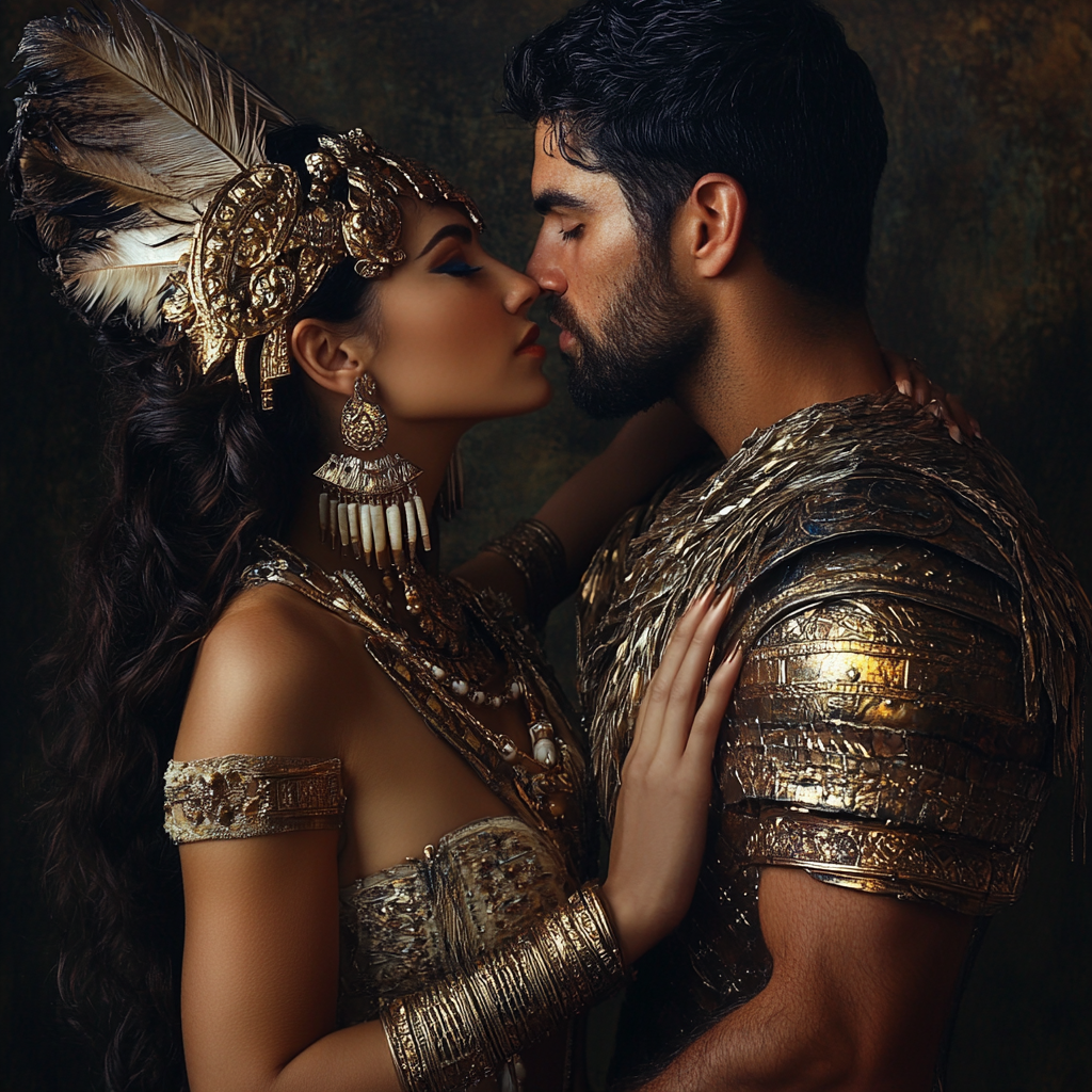 Beautiful Aztec queen kissing strong Persian king. Ethereal.