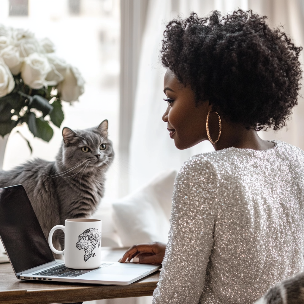 Beautiful Black Woman With Laptop and Coffee Mug in Home Office